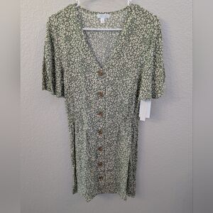 Abound Olive Green Patterned Button Down Dress Size Medium NEW